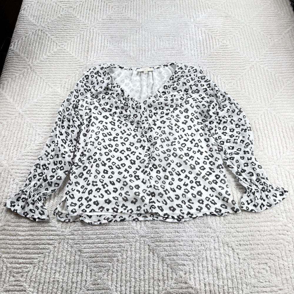 LOFT Leopard Ruffle Blouse Womens Small White Black Animal Print Office Siren